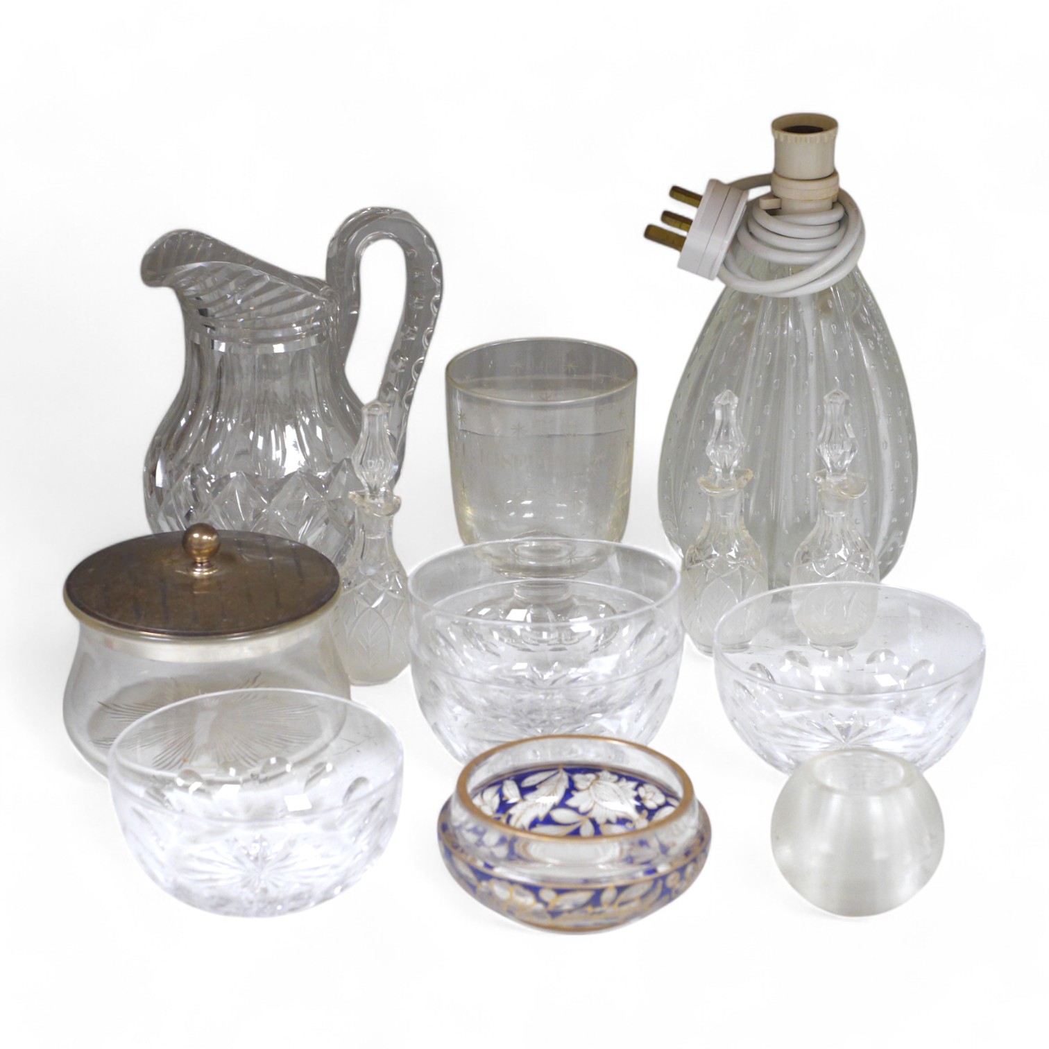 A quantity of glassware, including a 19th century engraved glass rummer, four cut glass rinsers, a silver lidded bowl, a striker etc, silver cover bowl 14cm diameter. Condition - good condition